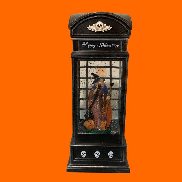 Halloween Retro Phone Booth Snow Globe Witch Pumpkin Lights Up Swirls Snow - Picture 2 of 8